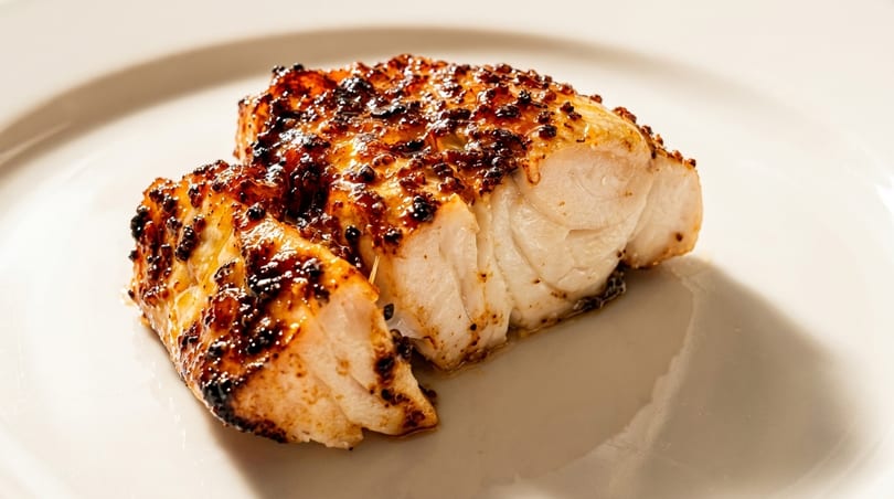Two pieces of perfectly cooked fish with a dark, crispy, flavorful crust on a white plate.