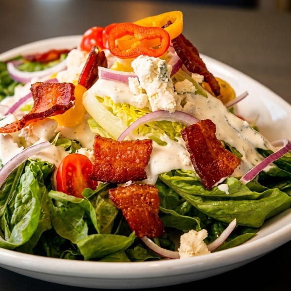 Fresh green salad with bacon, blue cheese, red onions, tomatoes, and bell peppers, drizzled with dressing.