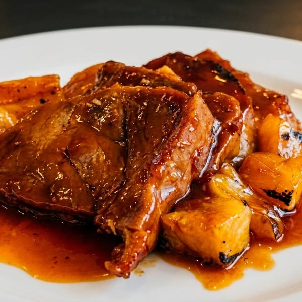 Glazed meat with roasted pineapple chunks and sauce on a white plate.
