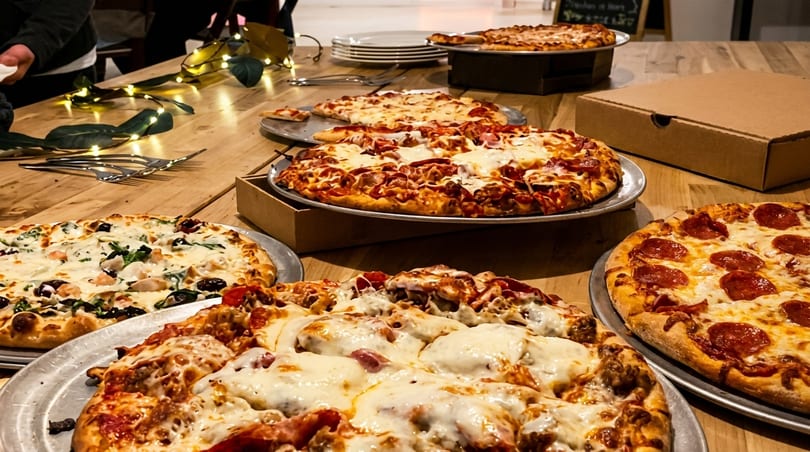 A wooden table laden with several large, hot pizzas, including pepperoni, white sauce, and meat lover's.