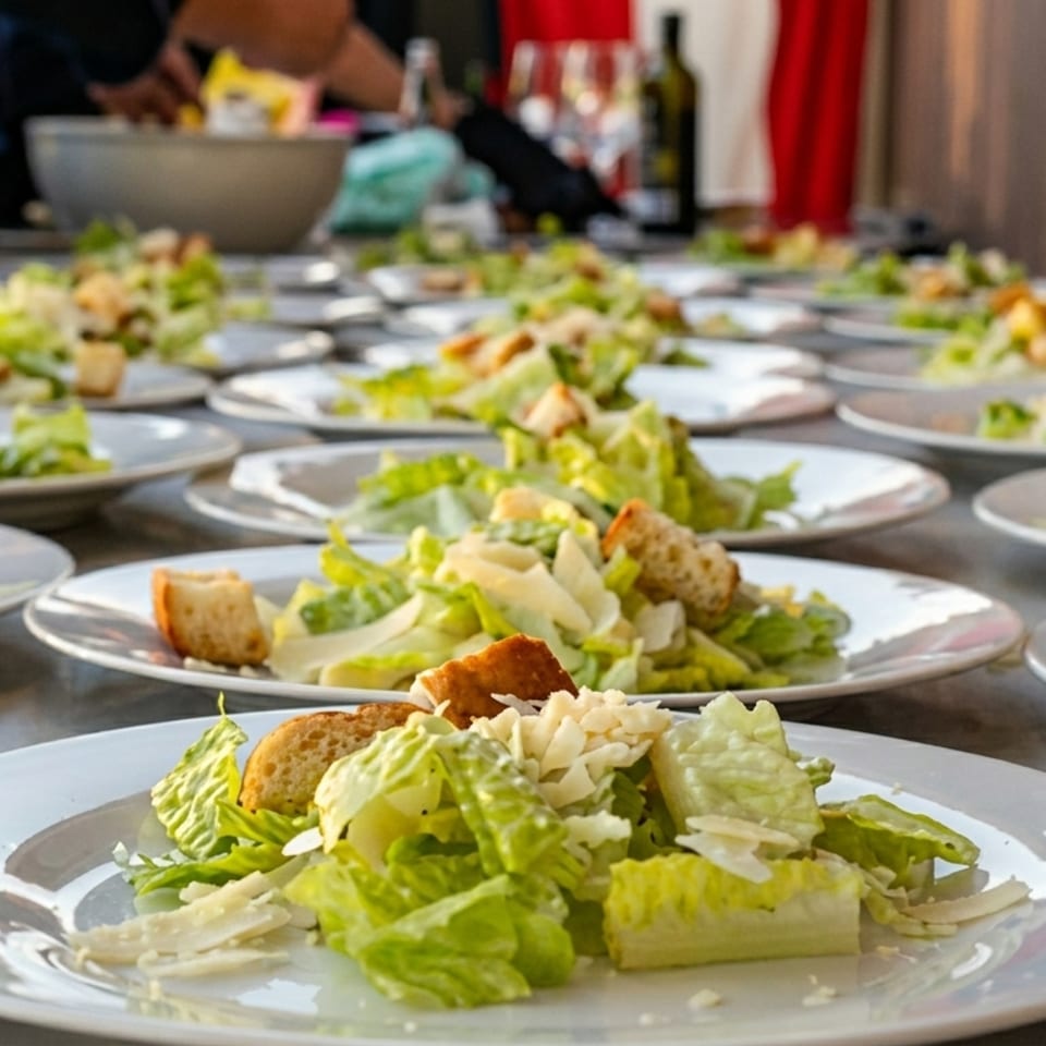 Numerous plates of fresh Caesar salad with croutons and parmesan cheese are lined up for service.