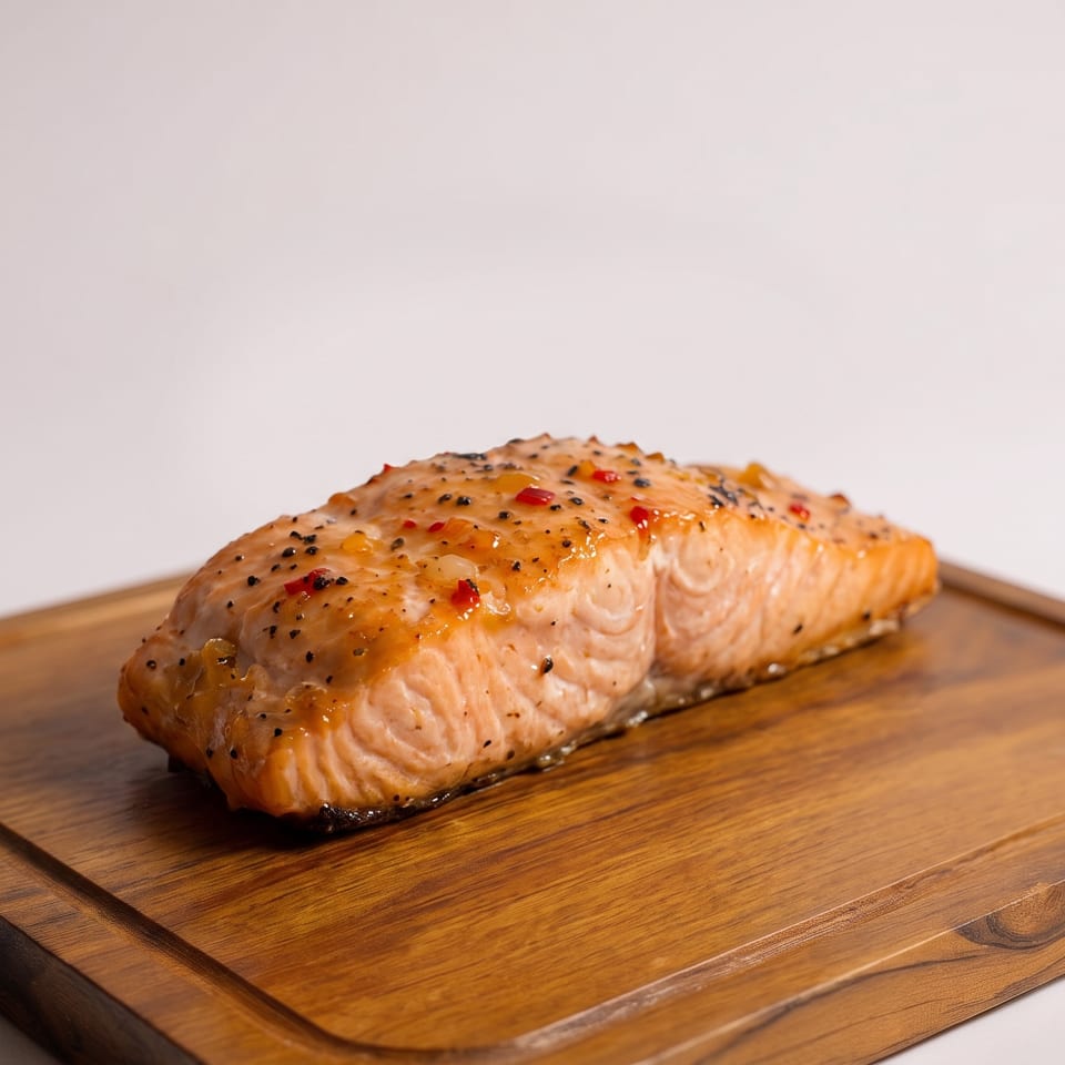 Glazed salmon fillet seasoned with pepper and red flakes on a wooden cutting board.